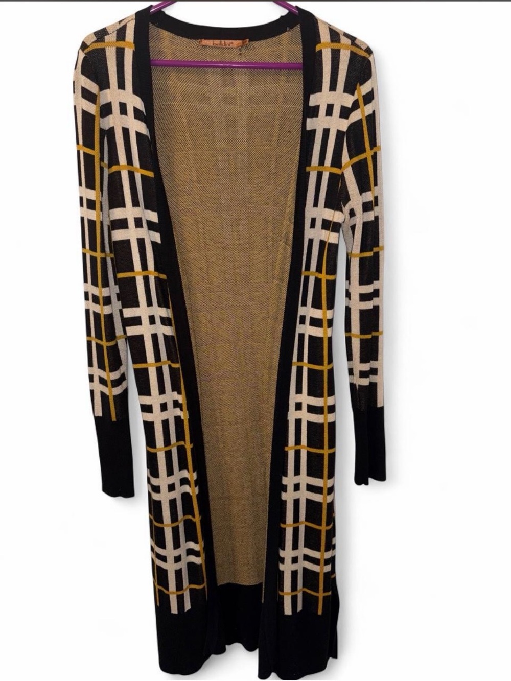 Belldini Black Open-Front Plaid Cardigan with Cream & Mustard Stripes
